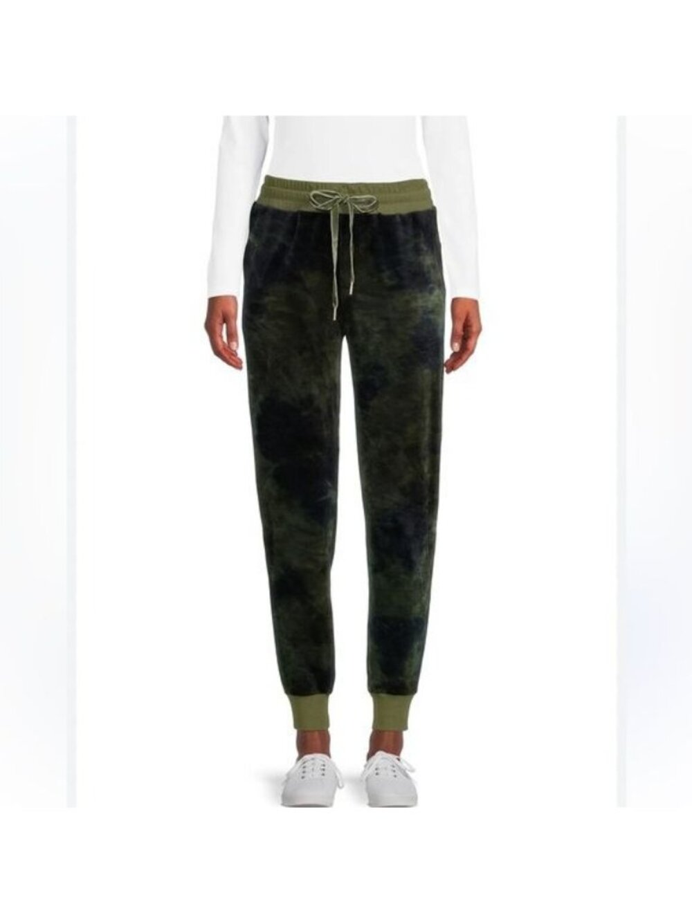 Green Tie-Dye Velvet Jogger Pants With Drawstring Waist & Cuffed Ankles